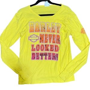 Harley Davidson “Harley never looked better” neon yellow long sleeve T-shirt L